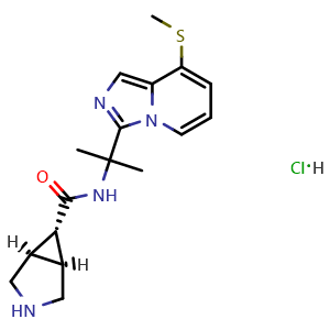 Chemical structure of rel-(1R,5S,6r)-N-(2-(8-(Methylthio)imidazo[1,5-a]pyridin-3-yl)propan-2-yl)-3-azabicyclo[3.1.0]hexane-6-carboxamide hydrochloride , CAS 2744188-18-7, AChemBlock AD279161