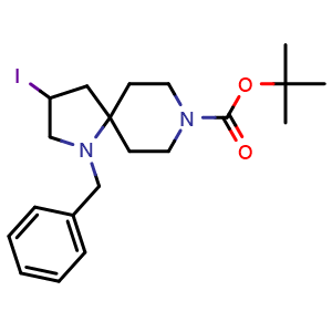 Chemical structure of tert-Butyl 1-benzyl-3-iodo-1,8-diazaspiro[4.5]decane-8-carboxylate , CAS 2177264-11-6, AChemBlock AD279164