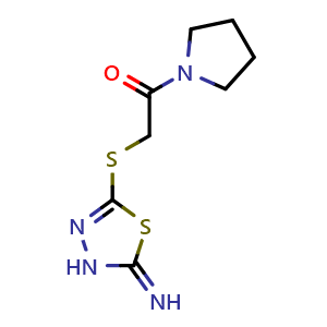 Chemical structure of 2-((5-Imino-4,5-dihydro-1,3,4-thiadiazol-2-yl)thio)-1-(pyrrolidin-1-yl)ethan-1-one , CAS 401577-30-8, AChemBlock AD279174