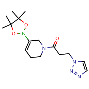 Chemical structure of 1-(5-(4,4,5,5-Tetramethyl-1,3,2-dioxaborolan-2-yl)-3,6-dihydropyridin-1(2H)-yl)-3-(1H-1,2,3-triazol-1-yl)propan-1-one , CAS 3077376-82-7, AChemBlock AD279198
