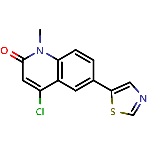 Chemical structure of 4-Chloro-1-methyl-6-(5-thiazolyl)-2(1H)-quinolinone , CAS 1700637-43-9, AChemBlock AD279201
