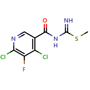 Chemical structure of Methyl N-[(4,6-dichloro-5-fluoro-3-pyridinyl)carbonyl]carbamimidothioate , CAS 2765352-59-6, AChemBlock AD279208