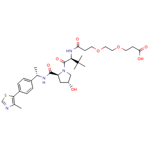 Chemical structure of 3-(2-(3-(((S)-1-((2S,4R)-4-Hydroxy-2-(((S)-1-(4-(4-methylthiazol-5-yl)phenyl)ethyl)carbamoyl)pyrrolidin-1-yl)-3,3-dimethyl-1-oxobutan-2-yl)amino)-3-oxopropoxy)ethoxy)propanoic acid , CAS 2641804-31-9, AChemBlock AD279209