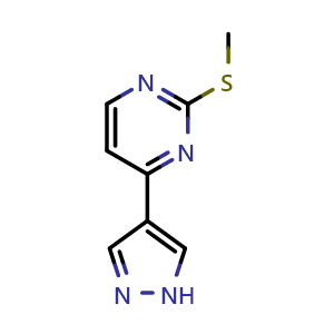 Chemical structure of 2-(Methylthio)-4-(1H-pyrazol-4-yl)pyrimidine , CAS 77168-38-8, AChemBlock AD279244