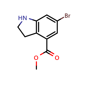 Chemical structure of 6-Bromo-2,3-dihydro-1H-indole-4-carboxylic acid methyl ester , CAS 1240523-98-1, AChemBlock AD279277
