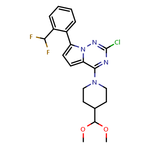 Chemical structure of (1-{2-Chloro-7-[2-(difluoromethyl)phenyl]pyrrolo[2,1-f][1,2,4]triazin-4-yl}hexahydropyridin-4-yl)dimethoxymethane , AChemBlock AD279293