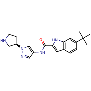 Chemical structure of N-{1-[(3R)-Pyrrolidin-3-yl]pyrazol-4-yl}-6-(2-methylprop-2-yl)-1H-indole-2-carboxamide , AChemBlock AD279296