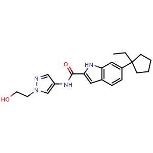 Chemical structure of 6-(Ethylcyclopentyl)-N-[1-(2-hydroxyethyl)pyrazol-4-yl]-1H-indole-2-carboxamide , AChemBlock AD279297