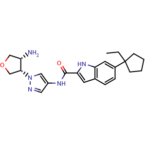 Chemical structure of N-{1-[(3S,4R)-4-Aminotetrahydro-3-furyl]pyrazol-4-yl}-6-(ethylcyclopentyl)-1H-indole-2-carboxamide , AChemBlock AD279298