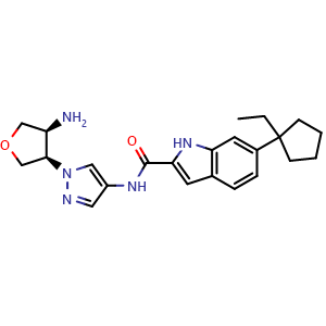Chemical structure of N-{1-[(3R,4S)-4-Aminotetrahydro-3-furyl]pyrazol-4-yl}-6-(ethylcyclopentyl)-1H-indole-2-carboxamide , AChemBlock AD279299