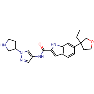 Chemical structure of 6-(3-Ethyltetrahydro-3-furyl)-N-[1-(pyrrolidin-3-yl)pyrazol-4-yl]-1H-indole-2-carboxamide , AChemBlock AD279300