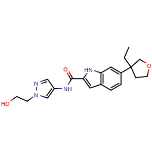 Chemical structure of 6-(3-Ethyltetrahydro-3-furyl)-N-[1-(2-hydroxyethyl)pyrazol-4-yl]-1H-indole-2-carboxamide , AChemBlock AD279301