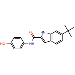 Chemical structure of N-(4-Hydroxyphenyl)-6-(2-methylprop-2-yl)-1H-indole-2-carboxamide , AChemBlock AD279303