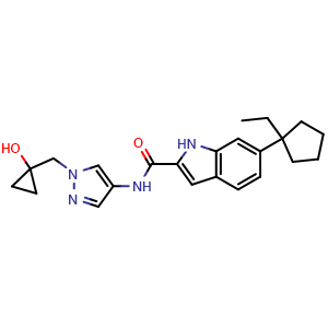 Chemical structure of6-(Ethylcyclopentyl)-N-{1-[(hydroxycyclopropyl)methyl]pyrazol-4-yl}-1H-indole-2-carboxamide, AChemBlock AD279304