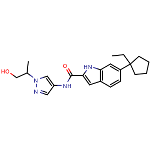 Chemical structure of 6-(Ethylcyclopentyl)-N-[1-(1-hydroxyprop-2-yl)pyrazol-4-yl]-1H-indole-2-carboxamide , AChemBlock AD279305