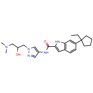 Chemical structure of N-{1-[3-(Dimethylamino)-2-hydroxypropyl]pyrazol-4-yl}-6-(ethylcyclopentyl)-1H-indole-2-carboxamide , AChemBlock AD279306