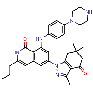 Chemical structure of 8-{[4-(Piperazin-1-yl)phenyl]amino}-3-propyl-6-(3,6,6-trimethyl-4-oxo-4,5,6,7-tetrahydroindazol-1-yl)-1,2-dihydroisoquinolin-1-one , AChemBlock AD279308