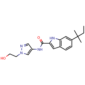 Chemical structure of N-[1-(2-Hydroxyethyl)pyrazol-4-yl]-6-(2-methylbut-2-yl)-1H-indole-2-carboxamide , AChemBlock AD279310
