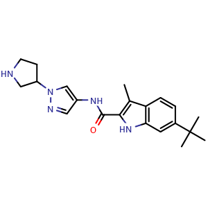 Chemical structure of 3-Methyl-6-(2-methylprop-2-yl)-N-[1-(pyrrolidin-3-yl)pyrazol-4-yl]-1H-indole-2-carboxamide , AChemBlock AD279312