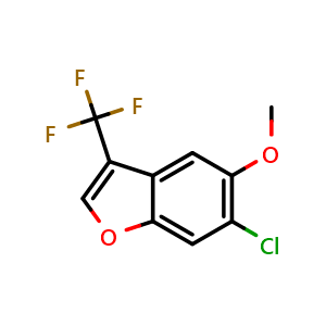 Chemical structure of 6-Chloro-5-methoxy-3-(trifluoromethyl)benzofuran , AChemBlock AD279316