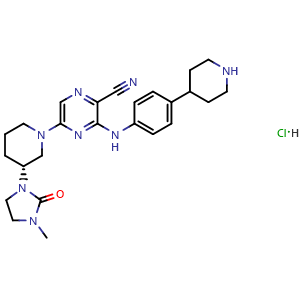 Chemical structure of (R)-5-[3-(3-Methyl-2-oxoimidazolidin-1-yl)-1-piperidyl]-3-[[4-(4-piperidyl)phenyl]amino]pyrazine-2-carbonitrile hydrochloride , AChemBlock AD279322