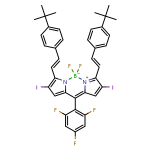 Chemical structure of 3,7-Bis[(E)-4-(tert-butyl)styryl]-5,5-difluoro-2,8-diiodo-10-(2,4,6-trifluorophenyl)-5H-dipyrrolo[1,2-c:2’,1’-f][1,3,2]diazaborinin-4-ium-5-uide , AChemBlock AD279327