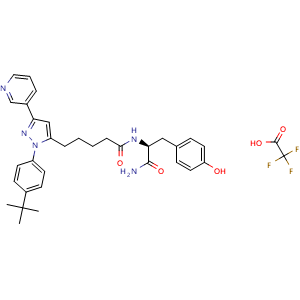 Chemical structure of (S)-N-[1-Amino-3-(4-hydroxyphenyl)-1-oxo-2-propyl]-5-[1-[4-(tert-butyl)phenyl]-3-(3-pyridyl)-5-pyrazolyl]pentanamide trifluoroacetate , AChemBlock AD279334