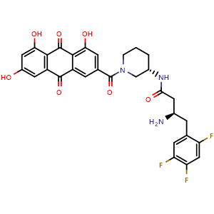 Chemical structure of (R)-3-Amino-4-(2,4,5-trifluorophenyl)-N-[(S)-1-(4,5,7-trihydroxy-9,10-dioxo-9,10-dihydroanthracene-2-carbonyl)piperidin-3-yl]butanamide , AChemBlock AD279339