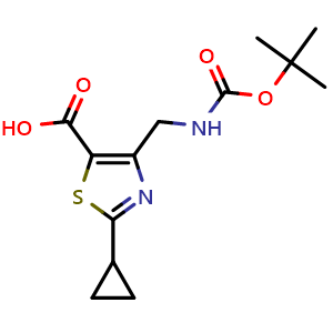 Chemical structure of 4-[(Boc-amino)methyl]-2-cyclopropylthiazole-5-carboxylic acid , AChemBlock AD279342