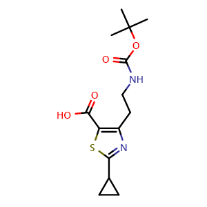 Chemical structure of 4-[2-(Boc-amino)ethyl]-2-cyclopropylthiazole-5-carboxylic acid , AChemBlock AD279343
