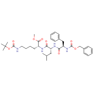 Chemical structure of Methyl (R)-6-(Boc-amino)-2-[(R)-2-[(R)-2-(Cbz-amino)-3-phenylpropanamido]-4-methylpentanamido]hexanoate , AChemBlock AD279353
