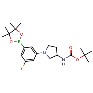 Chemical structure of 3-[3-(Boc-amino)pyrrolidin-1-yl]-5-fluorophenylboronic acid pinacol ester , AChemBlock AD279362