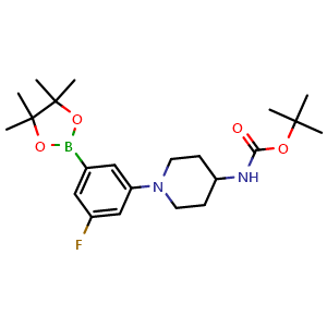 Chemical structure of 3-[4-(Boc-amino)piperidin-1-yl]-5-fluorophenylboronic acid pinacol ester , AChemBlock AD279363