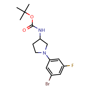 Chemical structure of 1-(3-Bromo-5-fluorophenyl)-N-Boc-pyrrolidin-3-amine , AChemBlock AD279369
