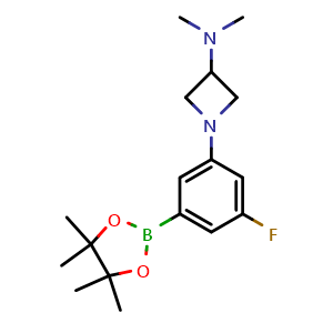 Chemical structure of 3-[3-(Dimethylamino)azetidin-1-yl]-5-fluorophenylboronic acid pinacol ester , AChemBlock AD279372