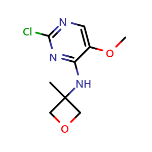 Chemical structure of 2-Chloro-5-methoxy-N-(3-methyloxetan-3-yl)pyrimidin-4-amine , AChemBlock AD279389