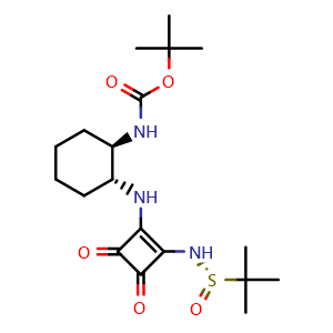 Chemical structure of tert-Butyl ((1R,2R)-2-((2-(((S)-tert-butylsulfinyl)amino)-3,4-dioxocyclobut-1-en-1-yl)amino)cyclohexyl)carbamate , AChemBlock AD279398