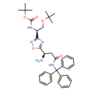 Chemical structure of tert-Butyl ((R)-1-(5-((R)-1-amino-3-oxo-3-(tritylamino)propyl)-1,2,4-oxadiazol-3-yl)-2-(tert-butoxy)ethyl)carbamate , AChemBlock AD279413