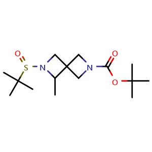 Chemical structure of tert-Butyl 6-(tert-Butylsulfinyl)-5-methyl-2,6-diazaspiro[3.3]heptane-2-carboxylate , AChemBlock AD279424