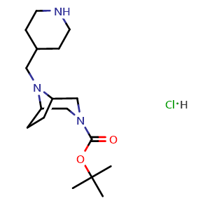 Chemical structure of tert-Butyl 8-(4-piperidylmethyl)-3,8-diazabicyclo[3.2.1]octane-3-carboxylate hydrochloride , AChemBlock AD279452