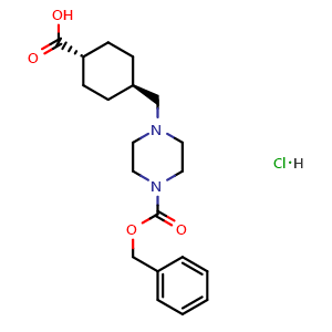 Chemical structure of 4-[trans-(4-Benzyloxycarbonylpiperazin-1-yl)methyl]cyclohexanecarboxylic acid hydrochloride , AChemBlock AD279456
