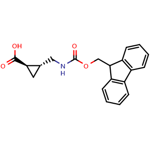 Chemical structure of rel-(1R,2R)-2-[(9H-Fluoren-9-ylmethoxycarbonylamino)methyl]cyclopropanecarboxylic acid , AChemBlock AD279470