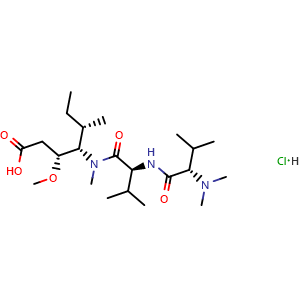 Chemical structure of (3R,4S,5S)-4-[[(2S)-2-[[(2S)-2-(dimethylamino)-3-methyl-butanoyl]amino]-3-methyl-butanoyl]-methyl-amino]-3-methoxy-5-methyl-heptanoic acid;hydrochloride , AChemBlock AD279488