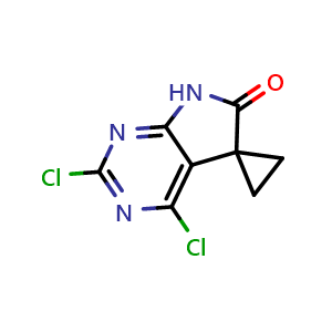 Chemical structure of 2,4-Dichlorospiro[7H-pyrrolo[2,3-d]pyrimidine-5,1'-cyclopropane]-6-one , AChemBlock AD279496