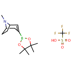 Chemical structure of 8-Methyl-3-(4,4,5,5-tetramethyl-1,3,2-dioxaborolan-2-yl)-8-azabicyclo[3.2.1]oct-2-ene trifluoromethanesulfonic acid , AChemBlock AD279519