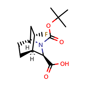 Chemical structure of (1R,3R,4R,5S)-2-tert-Butoxycarbonyl-5-fluoro-2-azabicyclo[2.2.2]octane-3-carboxylic acid , AChemBlock AD279527