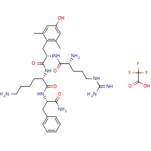 Chemical structure of D-Arg-2′,6′-Dmt-Lys-Phe-NH2 trifluoroacetate , CAS 1334953-96-6, AChemBlock AD279619