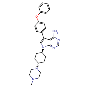 Chemical structure of 7-[trans-4-(4-Methyl-1-piperazinyl)cyclohexyl]-5-(4-phenoxyphenyl)-7H-pyrrolo[2,3-d]pyrimidin-4-amine , CAS 364042-47-7, AChemBlock AD279763
