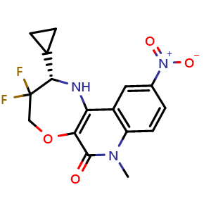 Chemical structure of (S)-2-cyclopropyl-3,3-difluoro-7-methyl-10-nitro-1,2,3,4-tetrahydro-[1,4]oxazepino[2,3-c]quinolin-6(7H)-one , CAS 2378854-02-3, AChemBlock AD279977