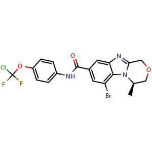 Chemical structure of (R)-6-bromo-N-(4-(chlorodifluoromethoxy)phenyl)-4-methyl-3,4-dihydro-1H-benzo[4,5]imidazo[2,1-c][1,4]oxazine-8-carboxamide , CAS 2412972-35-9, AChemBlock AD280002